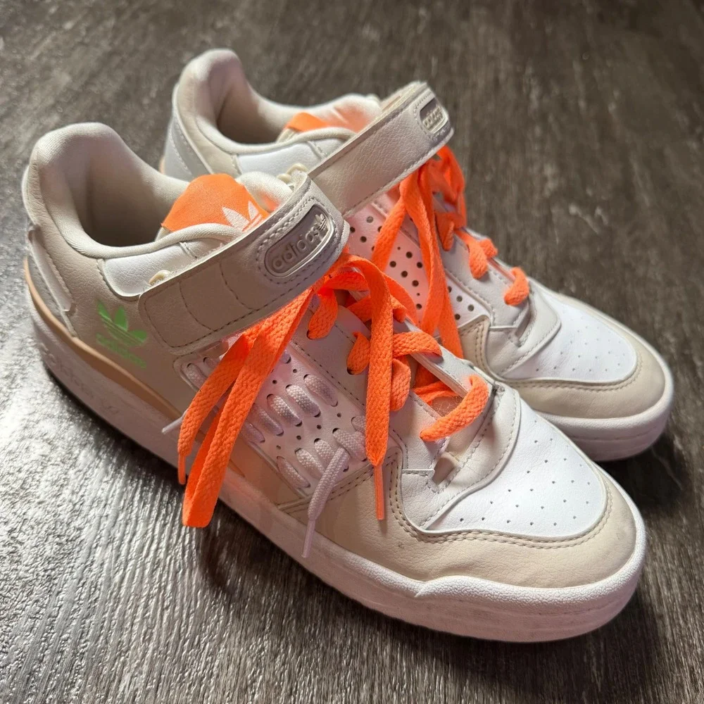 Adidas Forum Low Women 9 White Cream Neon Orange GY9535 Leather Strap Sneakers